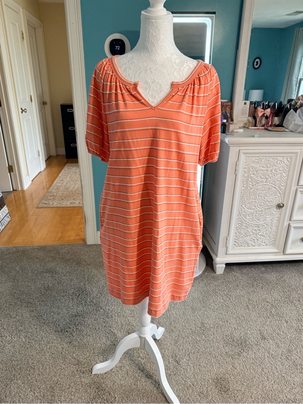 LOFT Striped Knit T-Shirt Dress SP Peach Coral White Tan